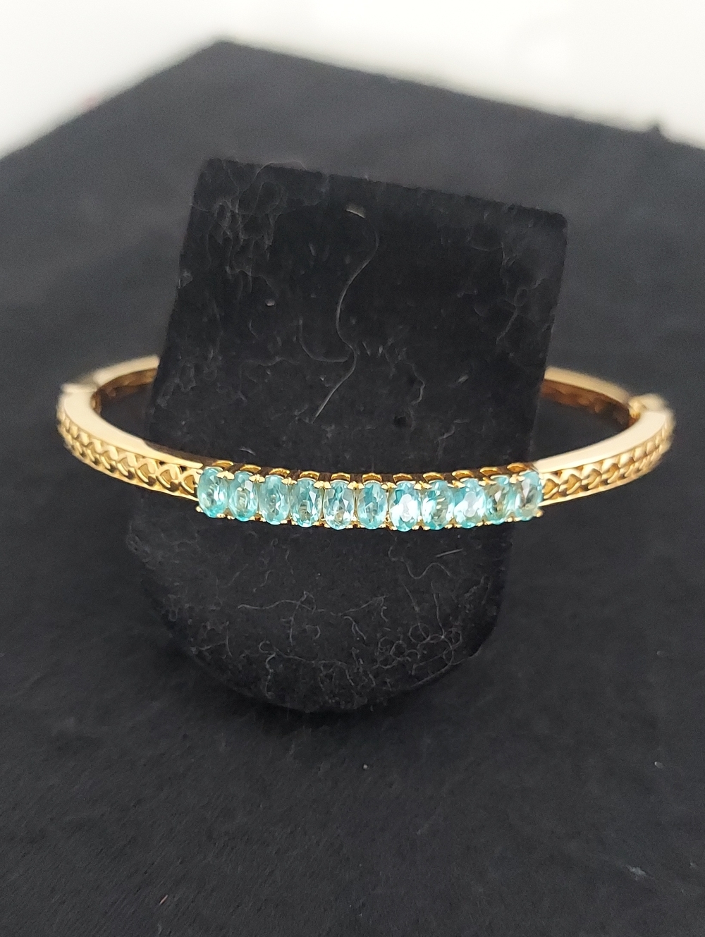 Gold Bangle Bracelet with Blue Green Paraiba Apatite